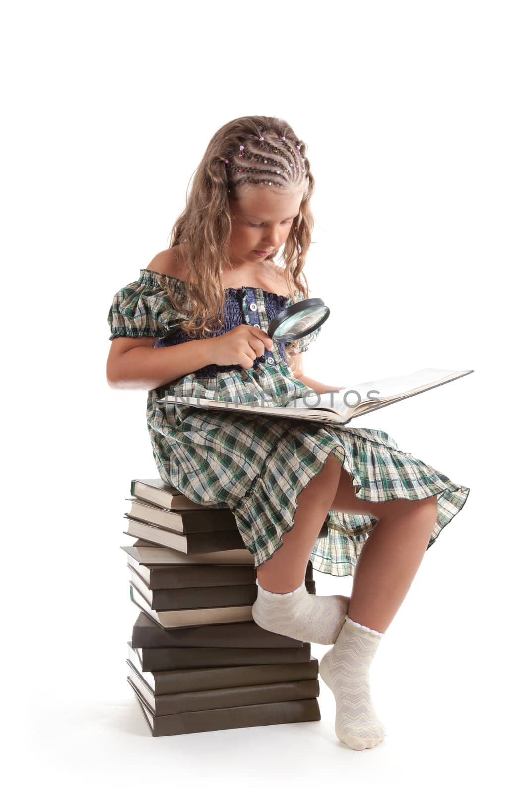 Little girl with magnifying glass reading book  by Elisanth