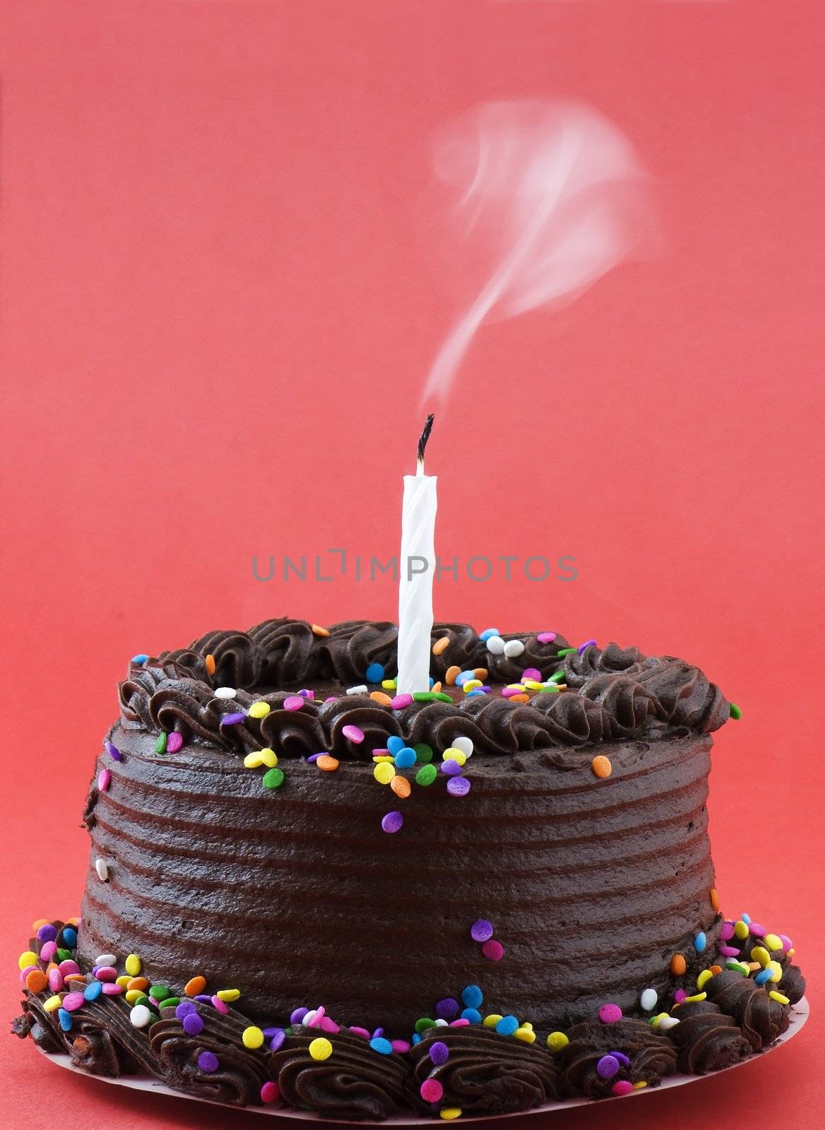 Chocolate cake with a candle that was just blown out