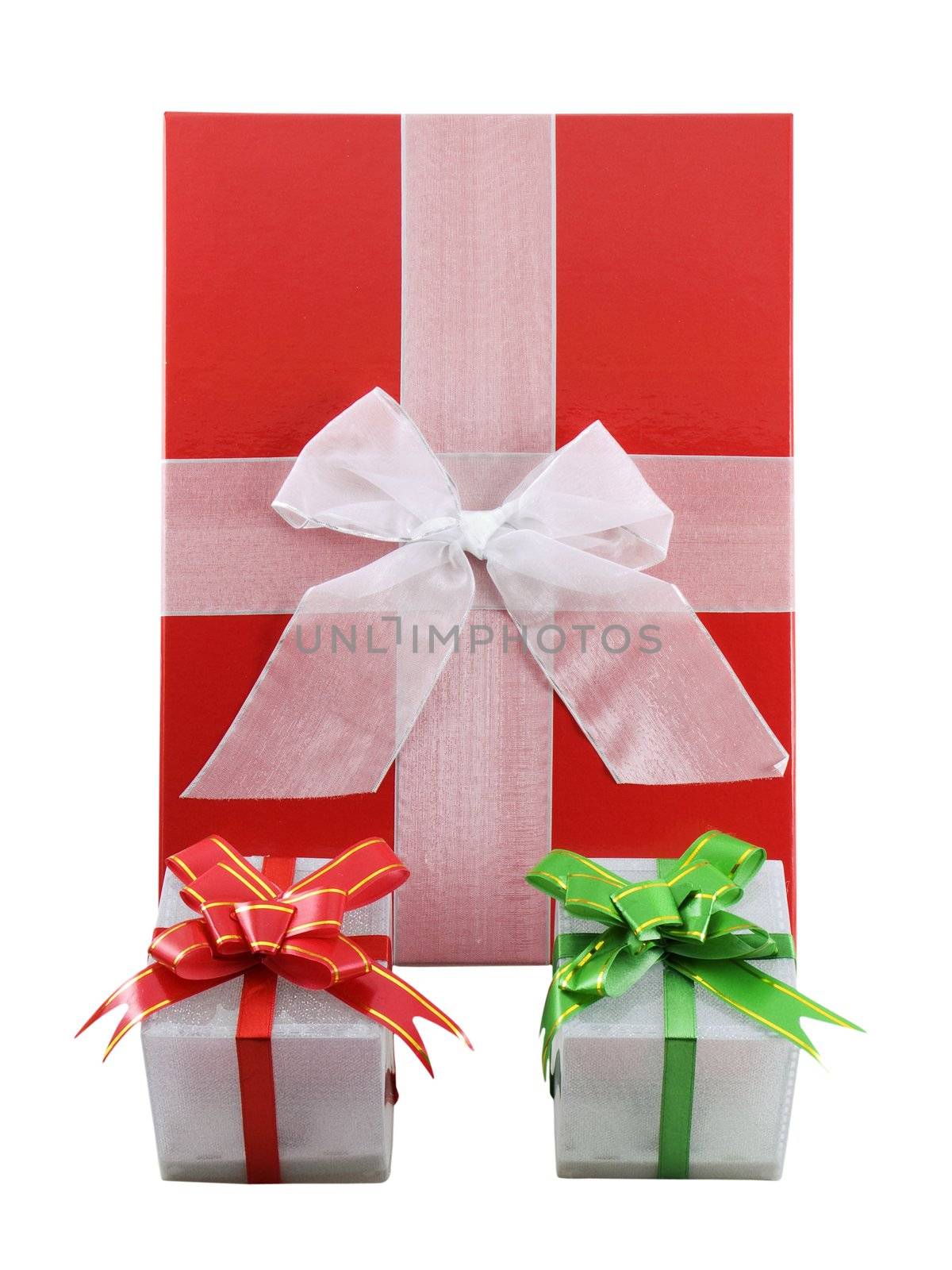 Several christmas presents isolated on a white background