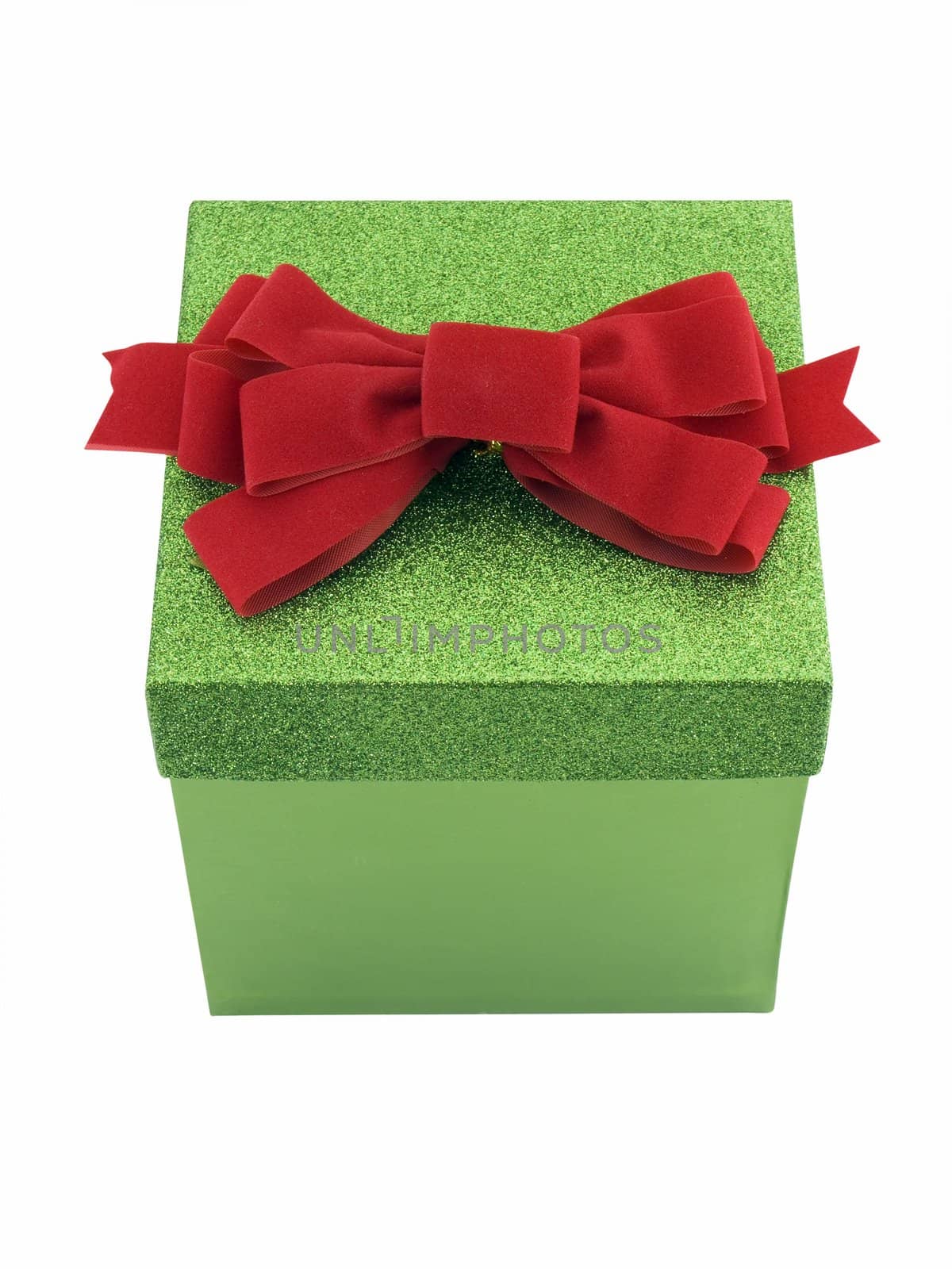 Green christmas gift box with red bow, isolated on white