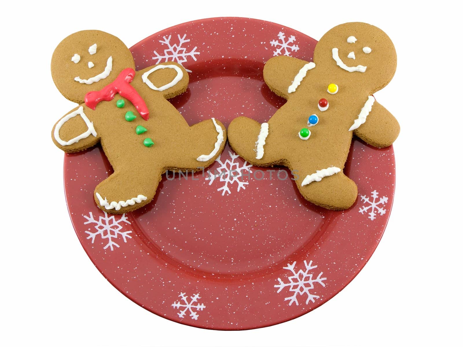 Gingerbread cookies on a christmas plate, isolated on white