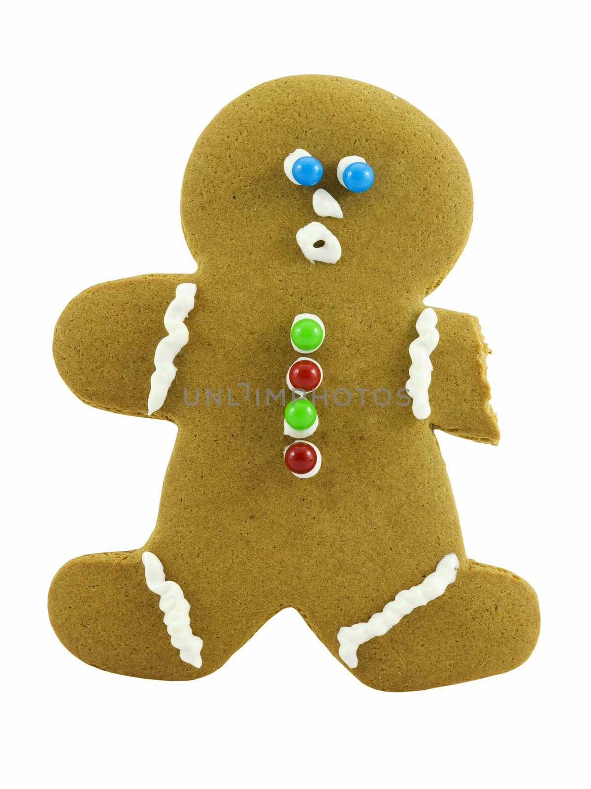 Gingerbread man missing and arm, isolated on white