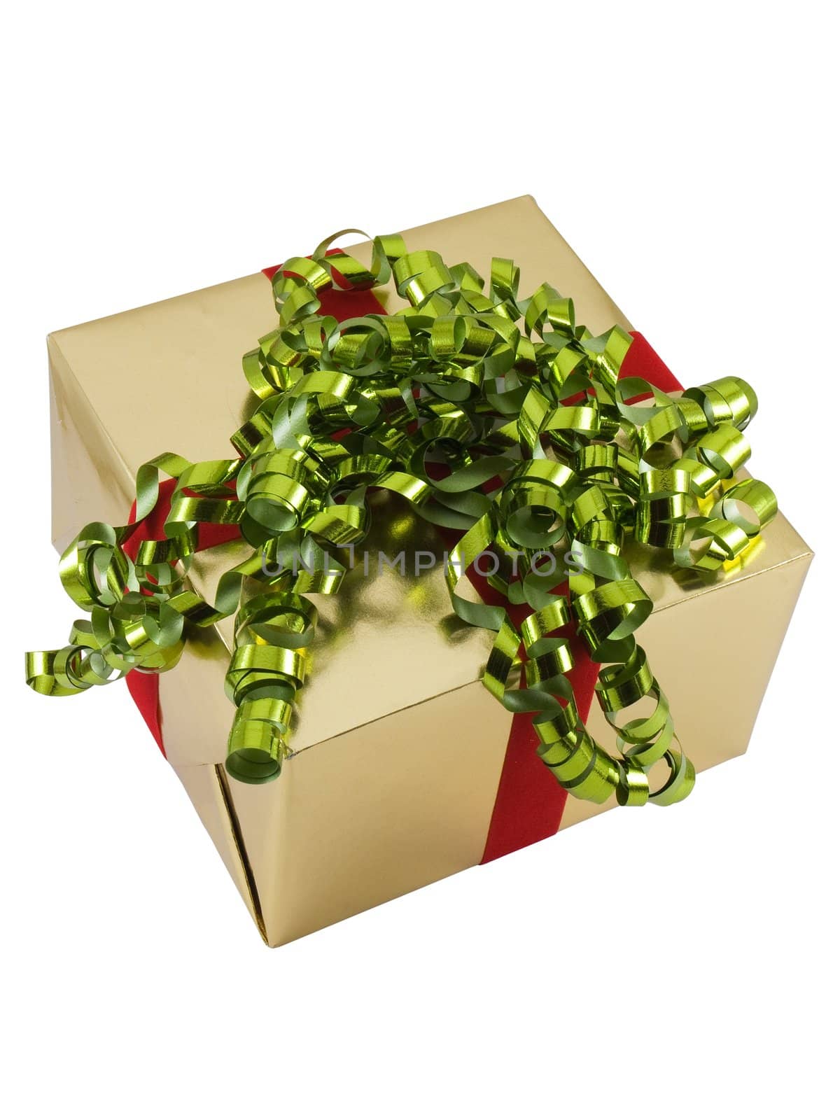 Christmas present wrapped with curly ribbon on top, isolated on white