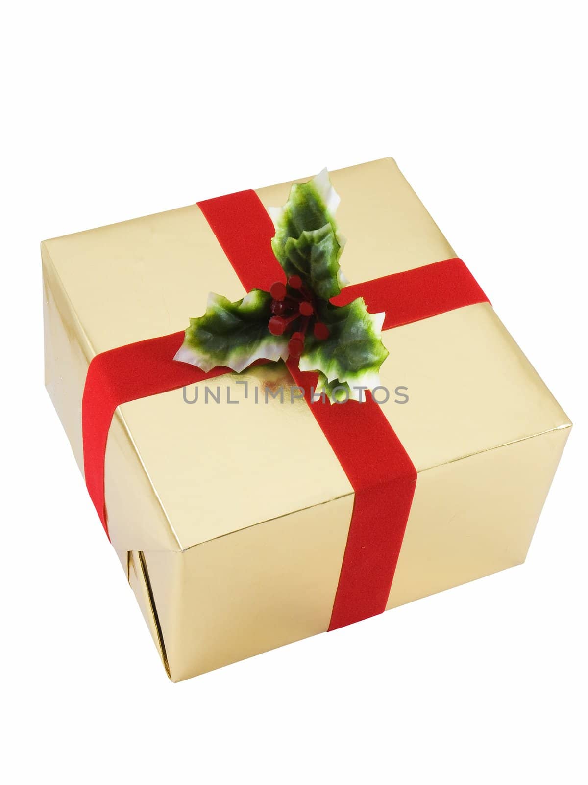 Christmas present wrapped with holly on top, isolated on white