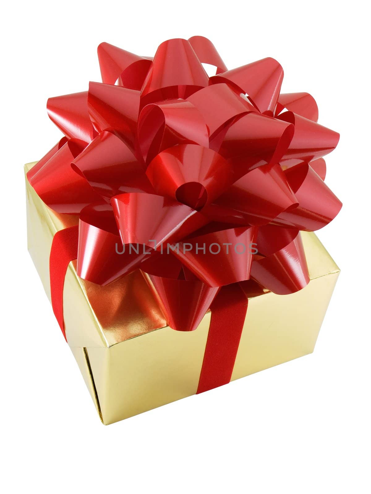 Christmas present wrapped with a large red bow on top, isolated on white