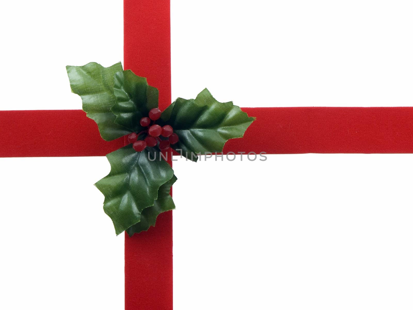 Red ribbon and holly isolated on white