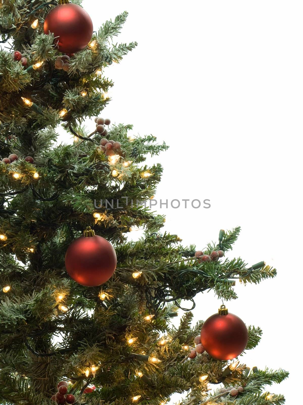 Half of decorated christmas tree isolated on white