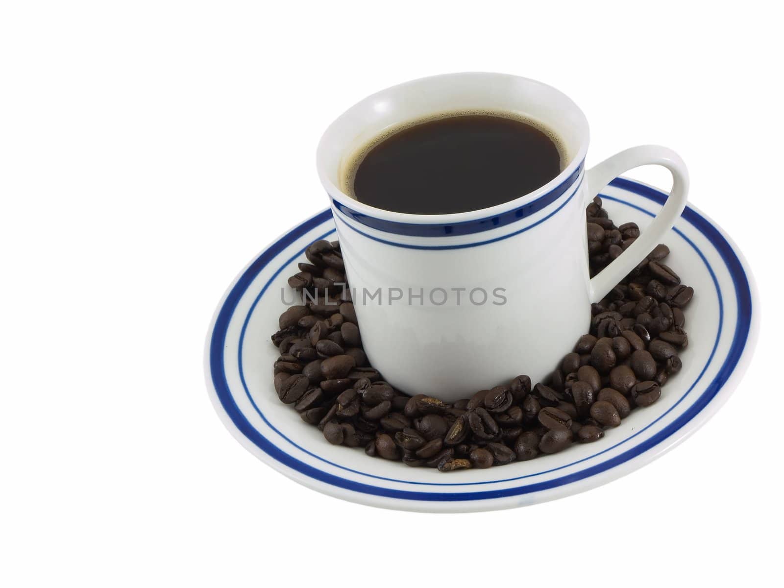 Cup of coffee on a plate with coffee beans, isolated on white