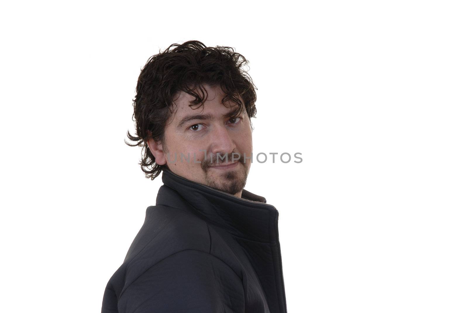 man in black standing in a white background