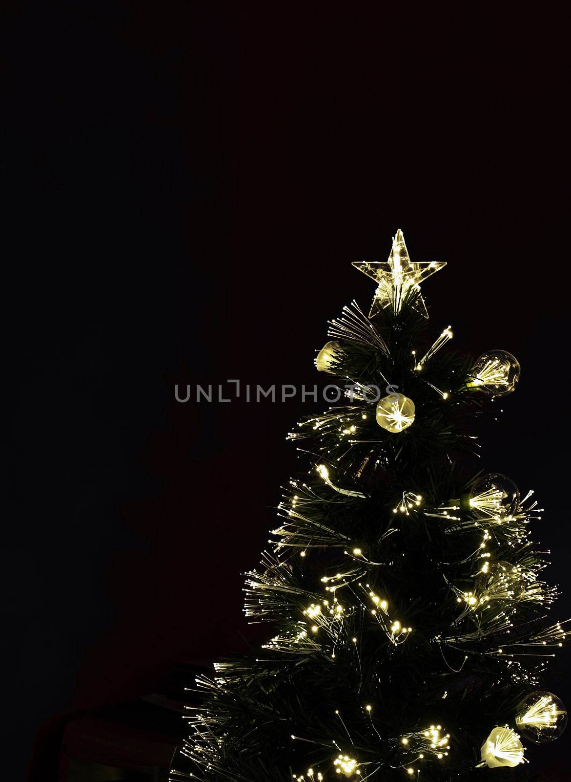 Details of a fibre-optic decorated Christmas Tree against a red wall