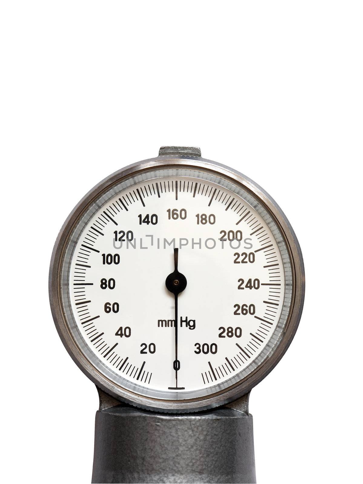 Closeup of blood pressure gauge isolated on white background with clipping path