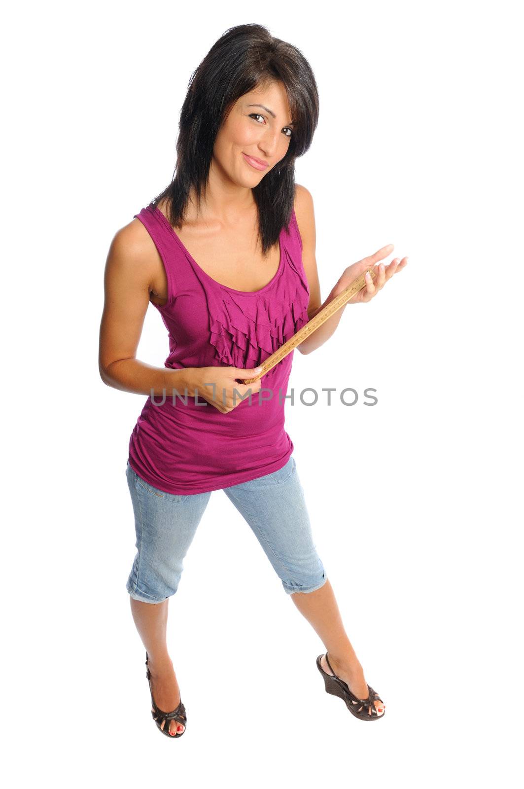 back to school with an attractive hispanic woman holding a ruler on a white background