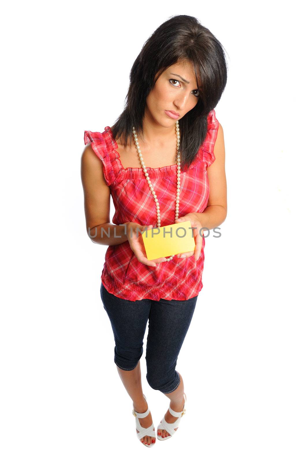 back to school with an attractive hispanic woman holding an index cardl on a white background