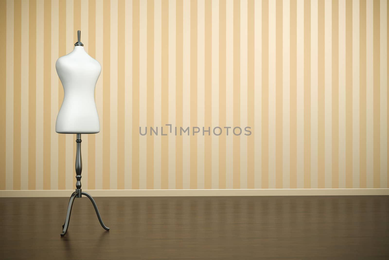 Empty old-fashioned interior with white clothing mannequin. 3D render.