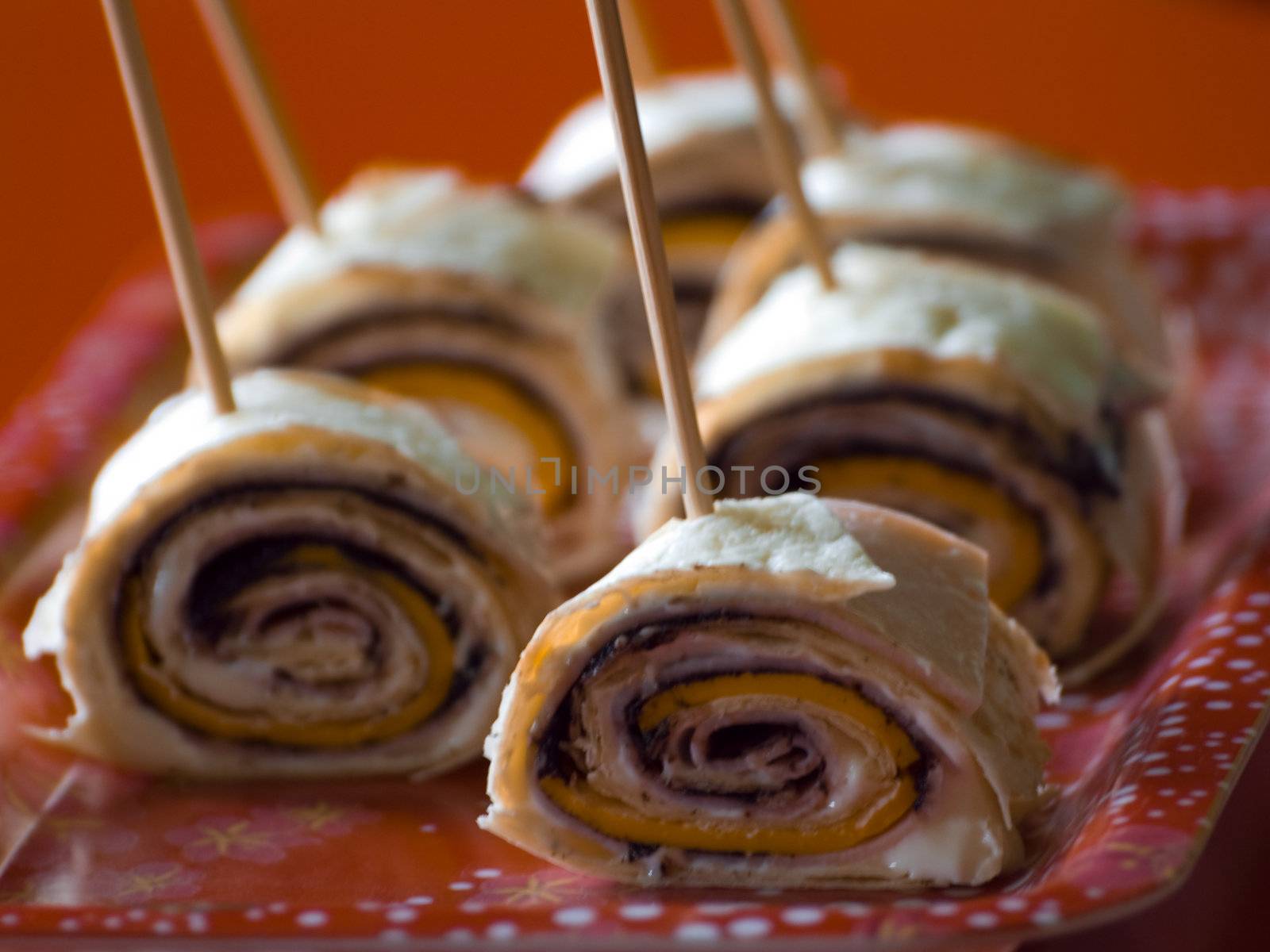 Closeup on platter of  tortilla wraps