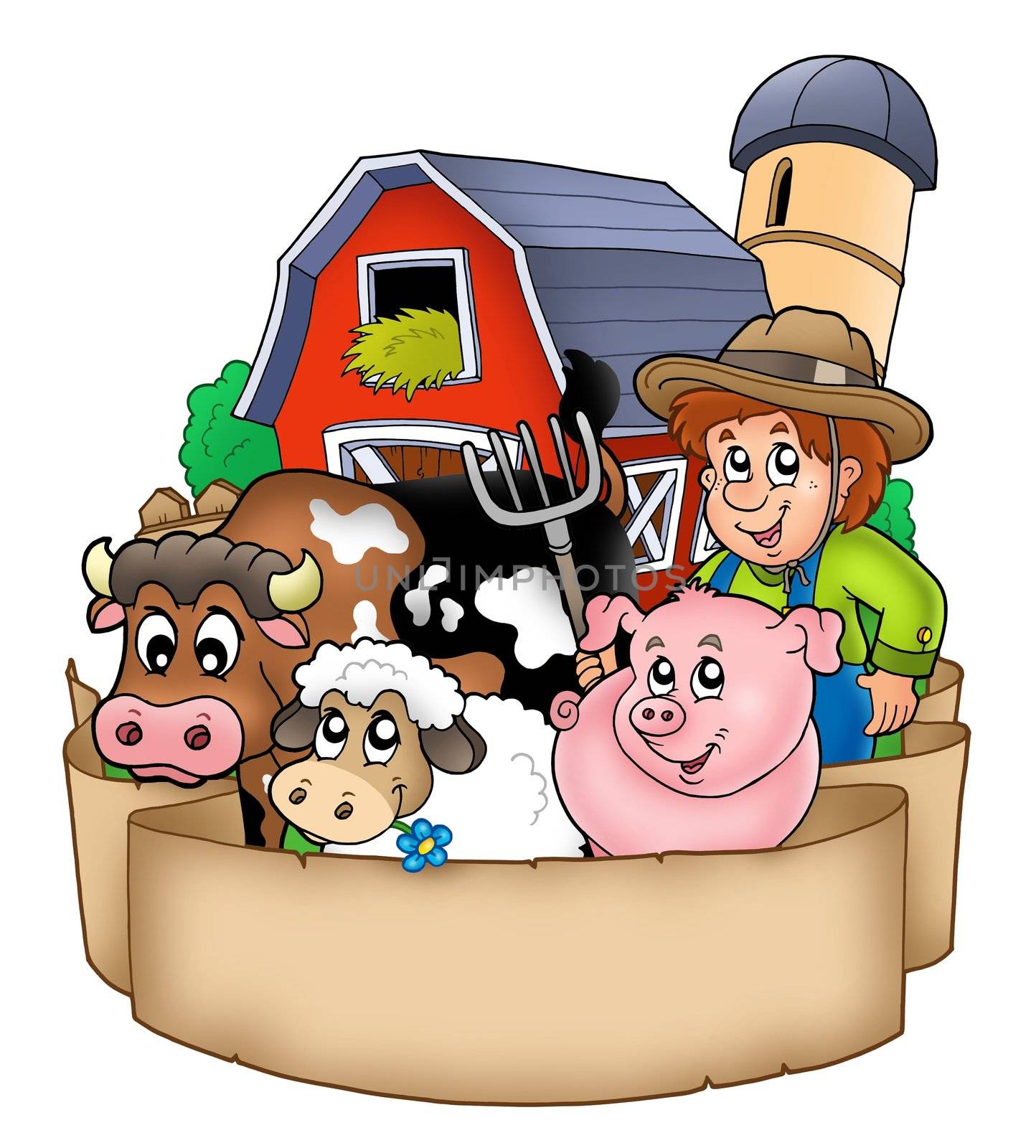 Banner with barn and country animals - color illustration.