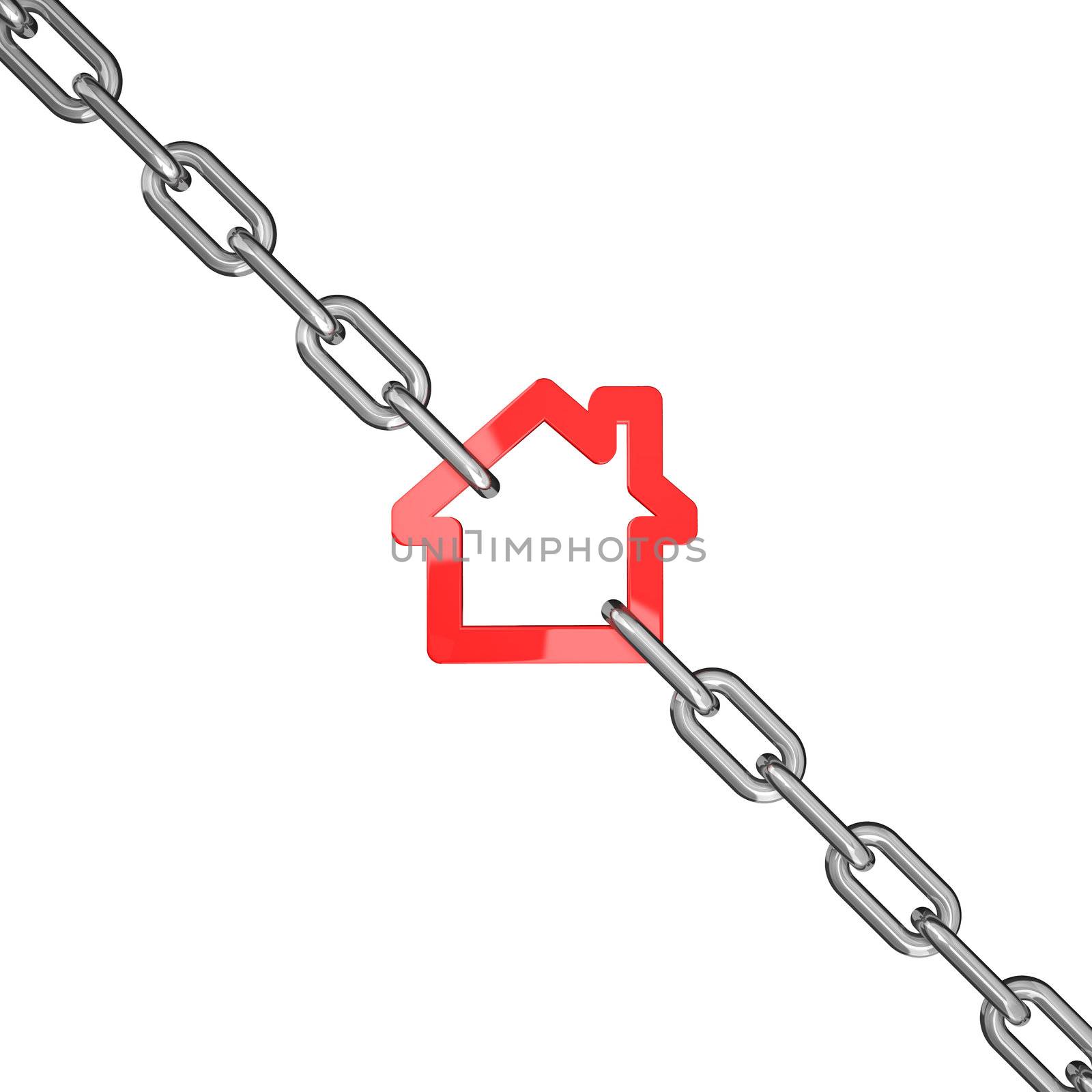 3d illustration of a red house symbol blocked with chains isolated on white background - conceptual image