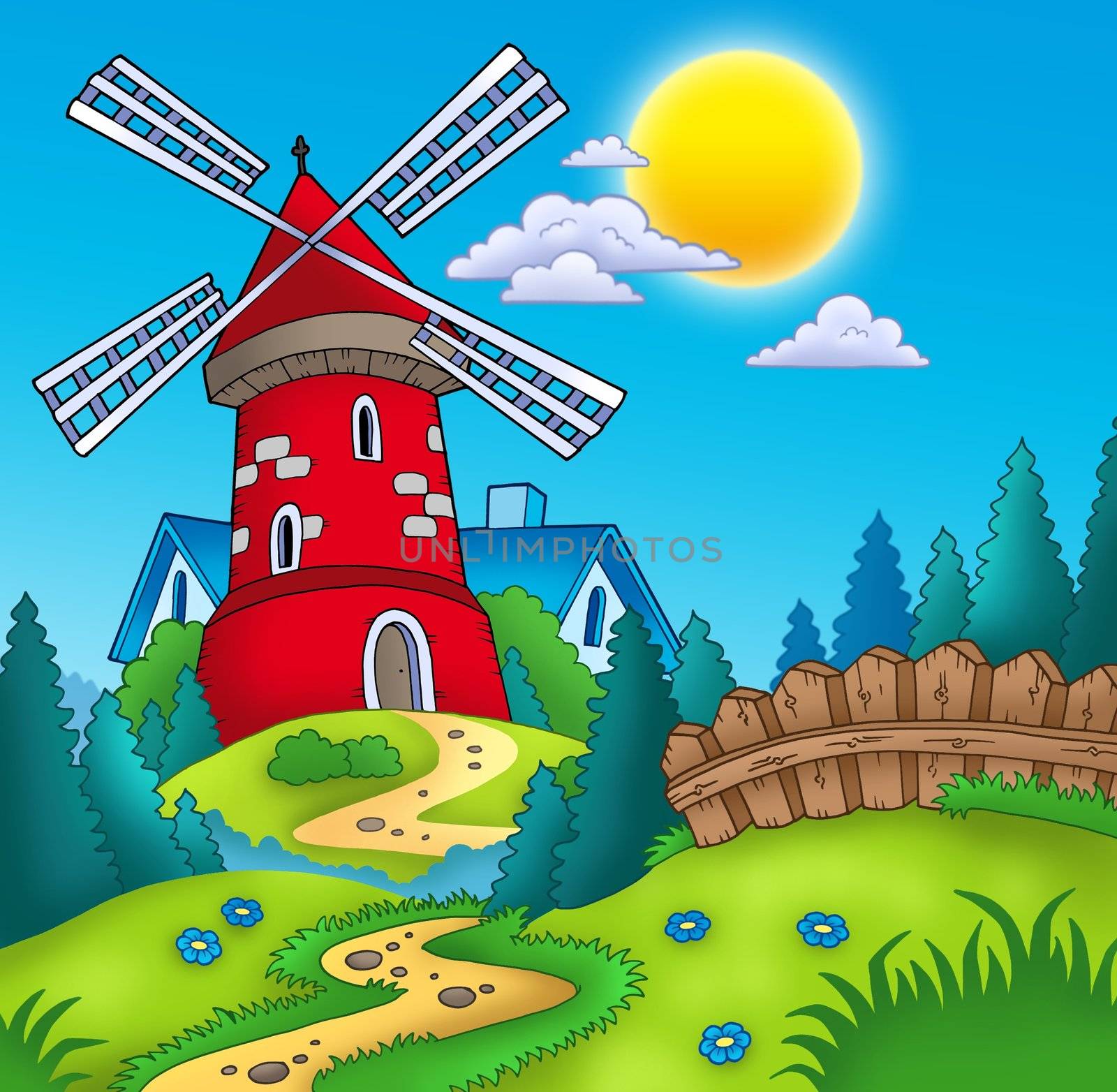Country landscape with red mill - color illustration.