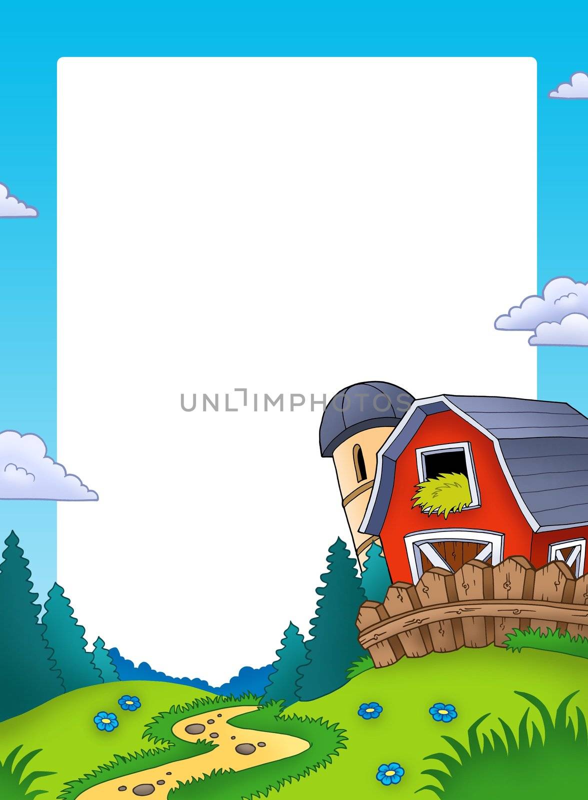 Frame with landscape and barn - color illustration.