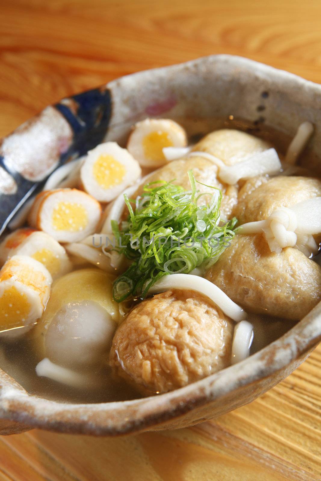 Noodle with onion and dumpling.