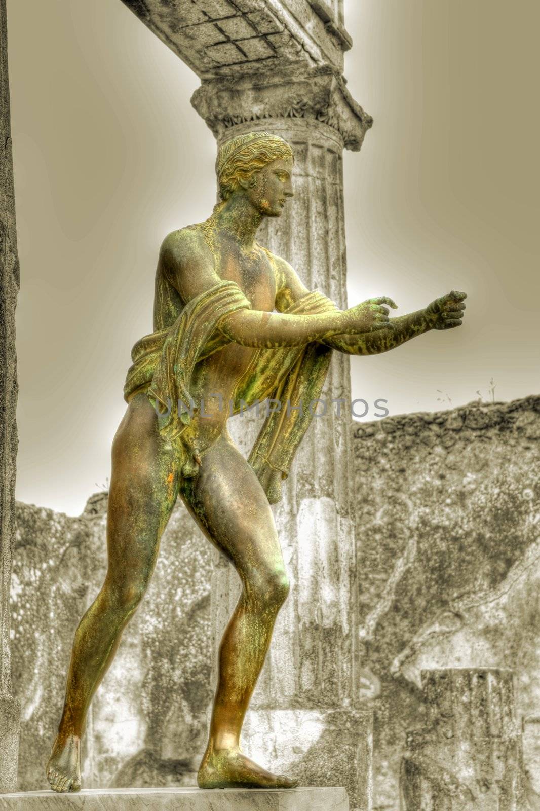 A statue from Pompeii processed with selective color on the statue.
