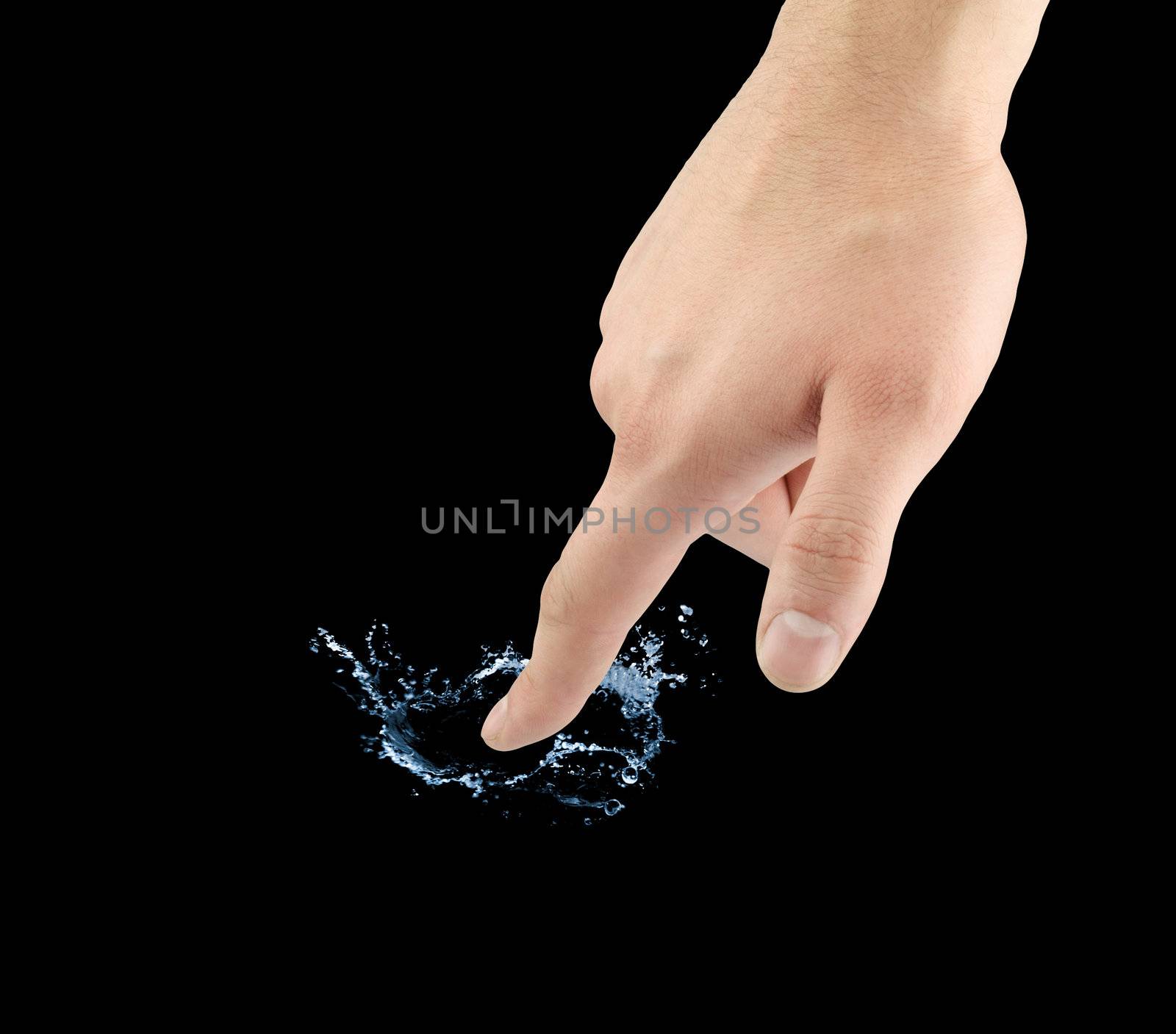 Male hand making a splash of water on a black background