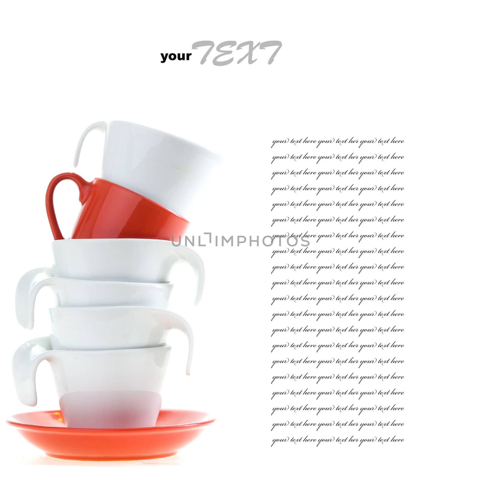 Color cups for hot drink (tea or coffee) with plates on white background