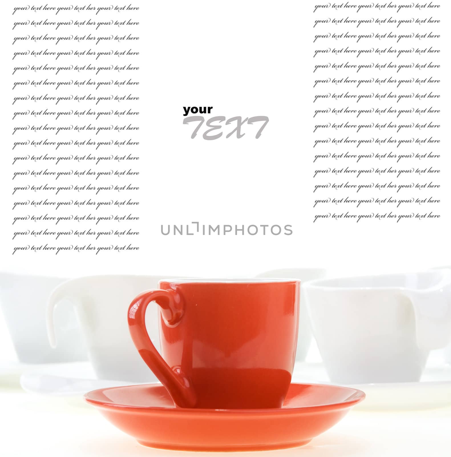 Color cups for hot drink (tea or coffee) with plates on white background