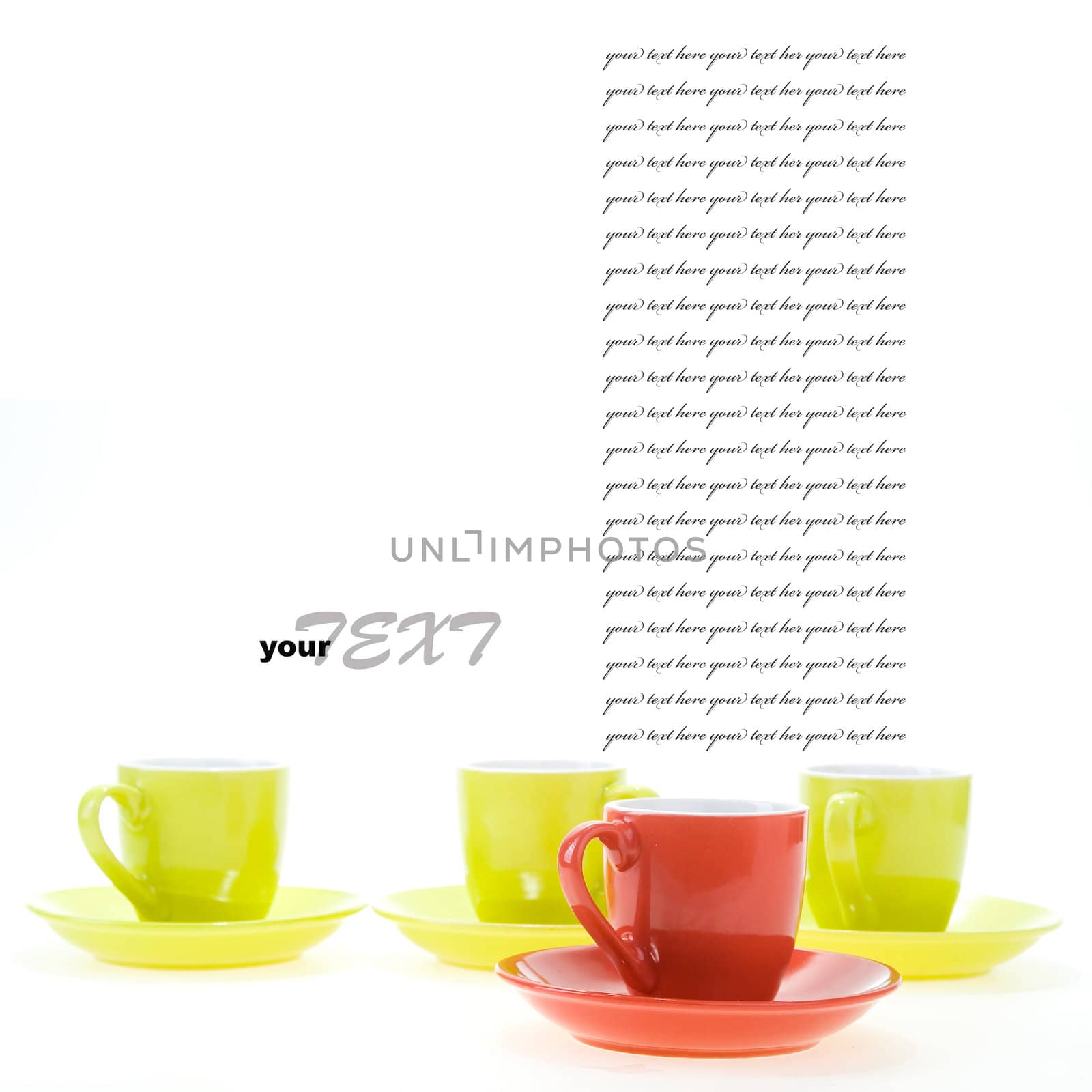 Color cups for hot drink (tea or coffee) with plates isolated on white background