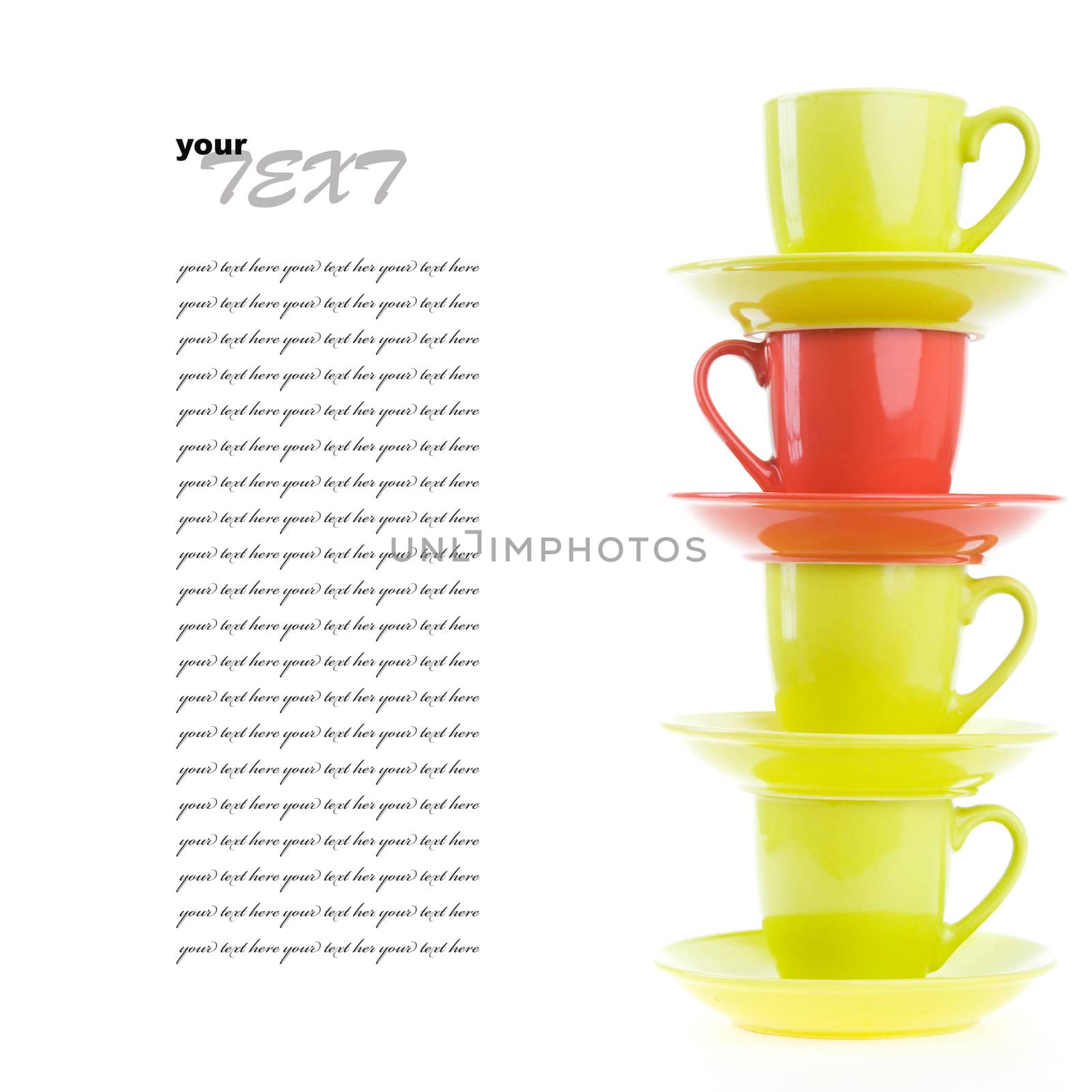 Color cups for hot drink (tea or coffee) with plates isolated on white background

