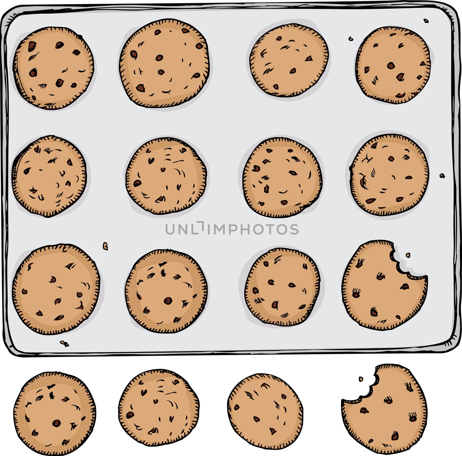 Tray of 12 chocolate chip cookies on metal tray with 4 off the tray