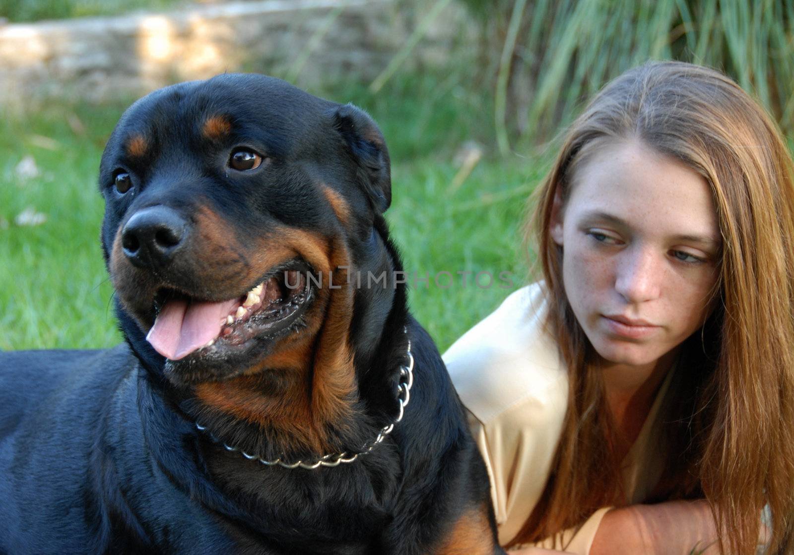 young woman and her best friend purebred rottweiler
