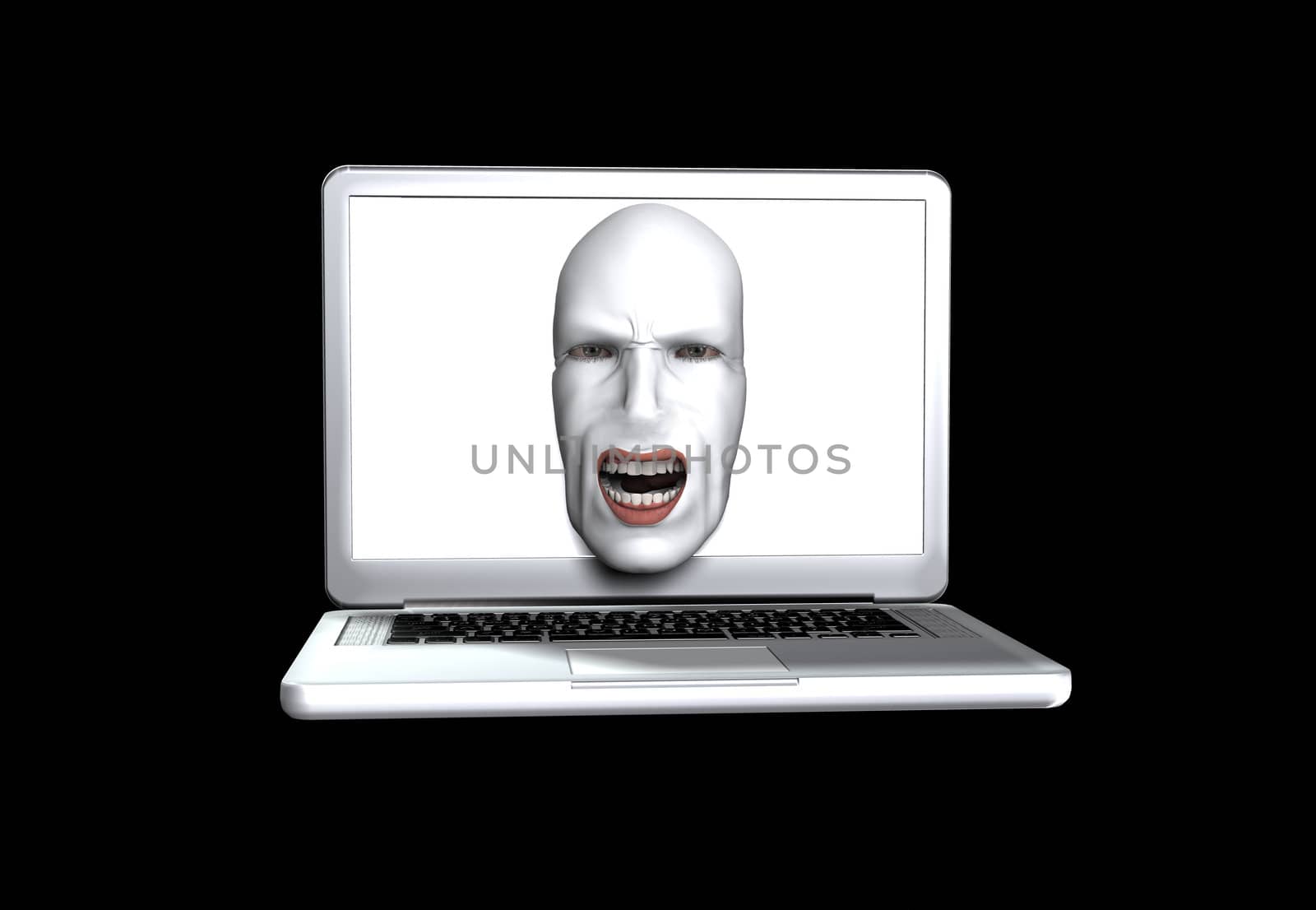 Abstract image showing a screaming face coming out of a laptop screen.
