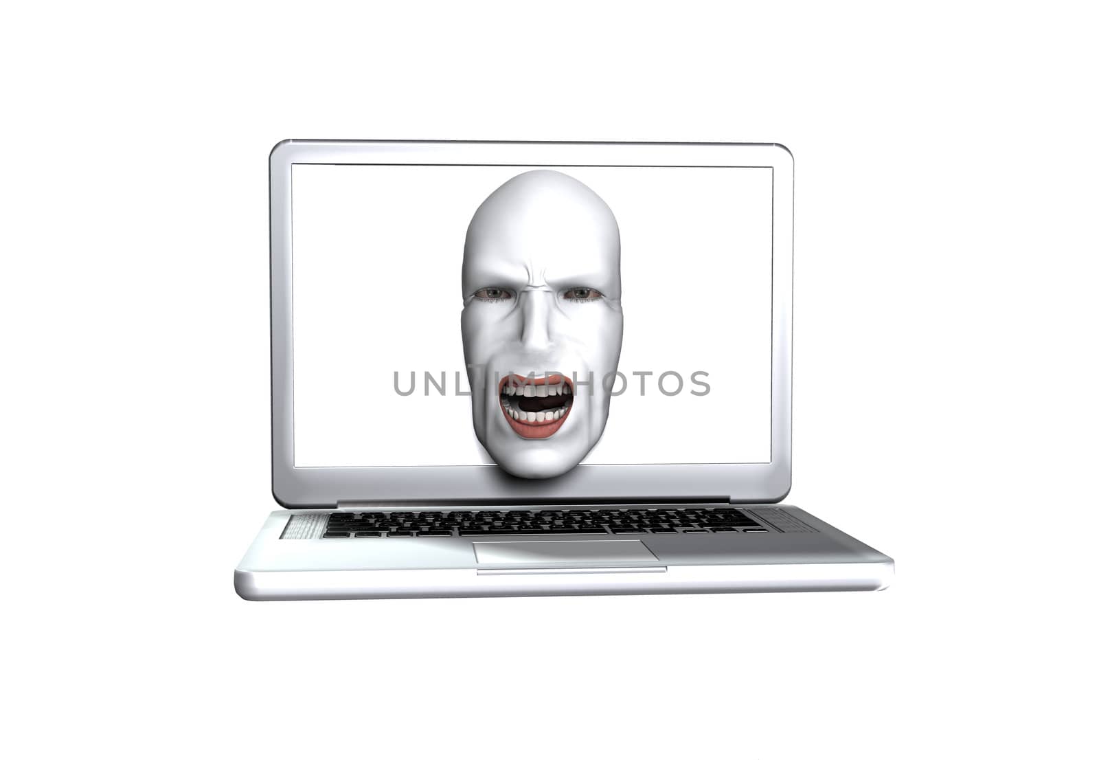Abstract image showing a screaming face coming out of a laptop screen.
