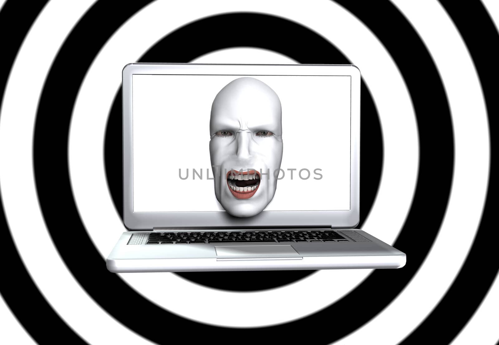 Abstract image showing a screaming face coming out of a laptop screen.
