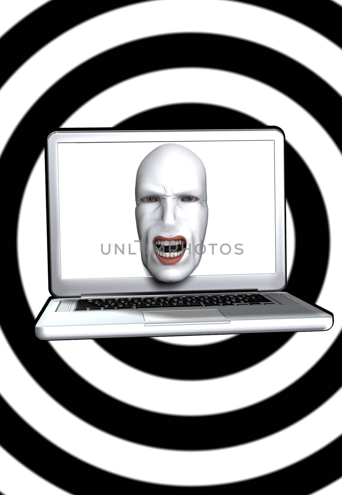 Abstract image showing a screaming face coming out of a laptop screen.
