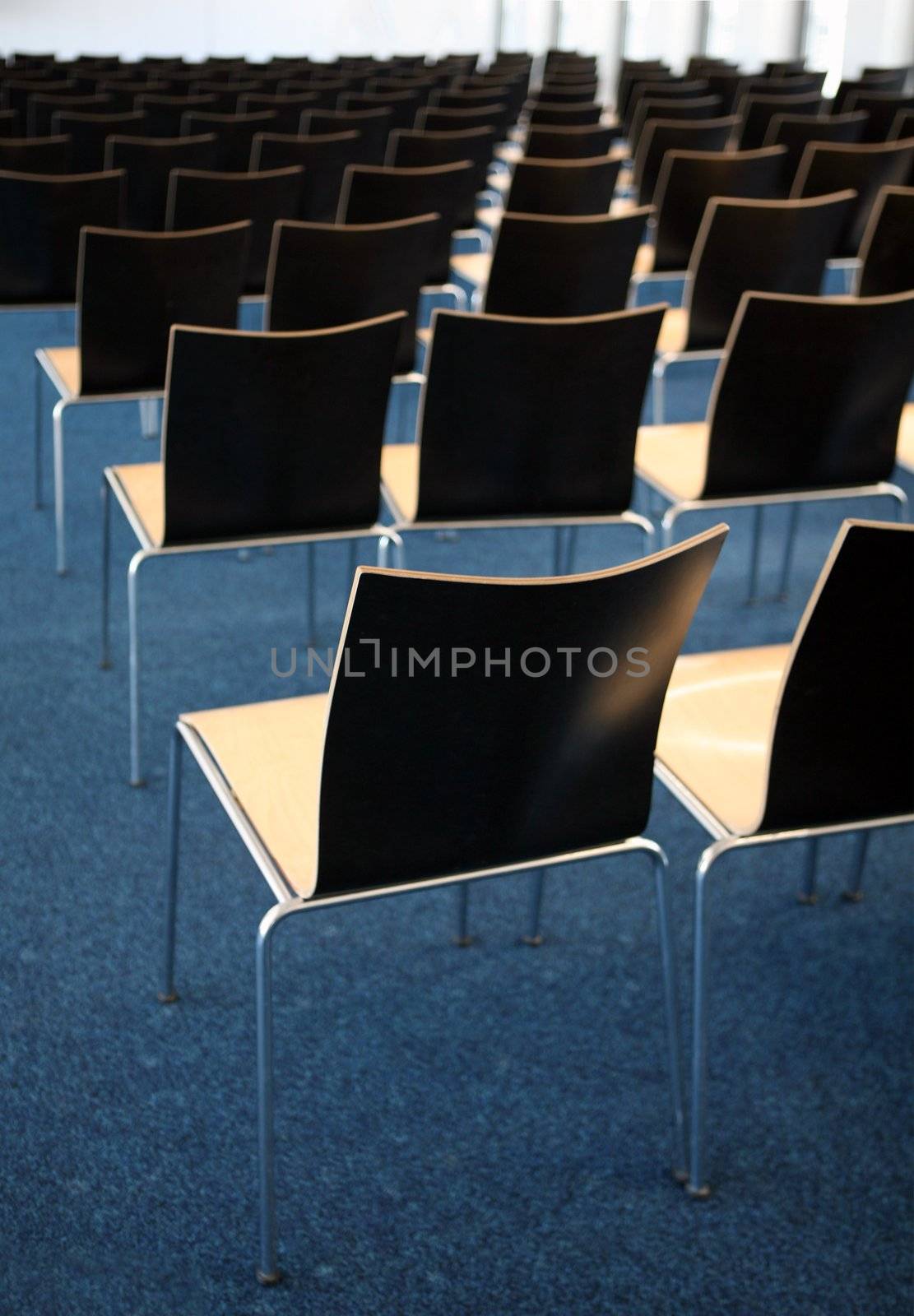 Empty room with many chairs on blue carpet