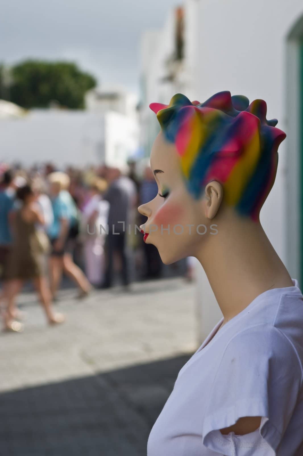 Colorful Mannequin during market day in Teguise on Lanzarote Island, Spain.