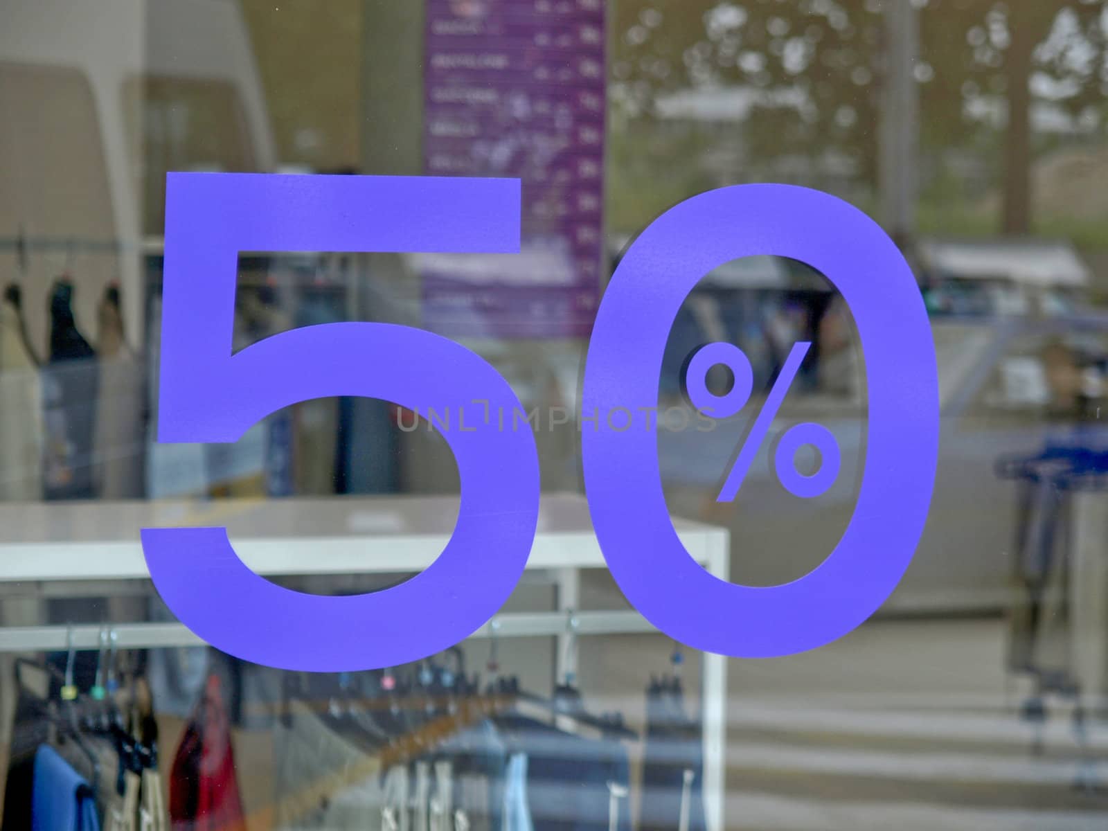 Showroom sign showing sales 50% off price