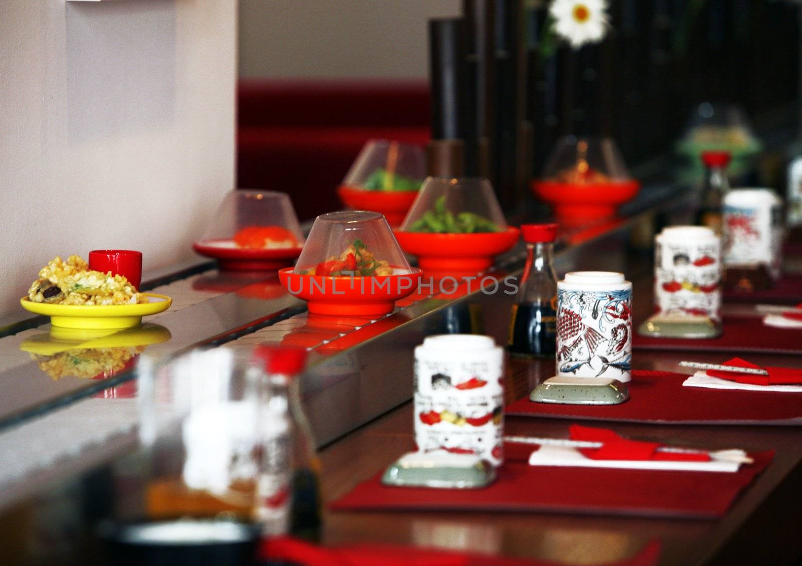 Empty interior of restaurant with asian place settings