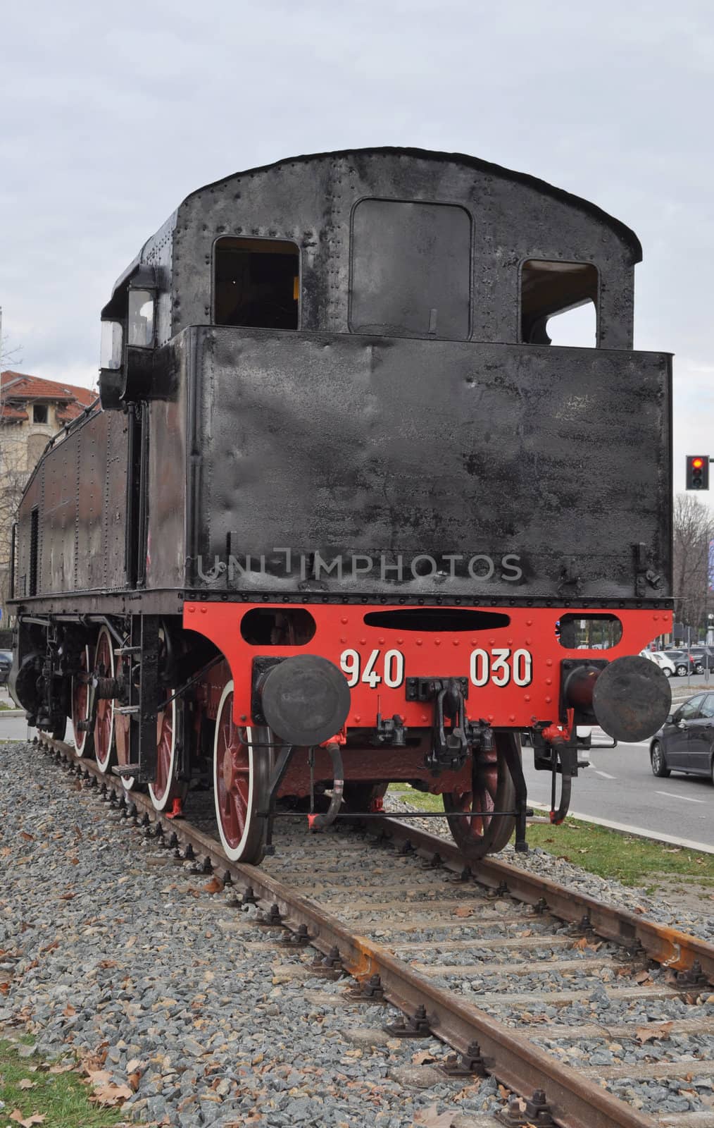 Detail of ancient steam train locomotive vehicle