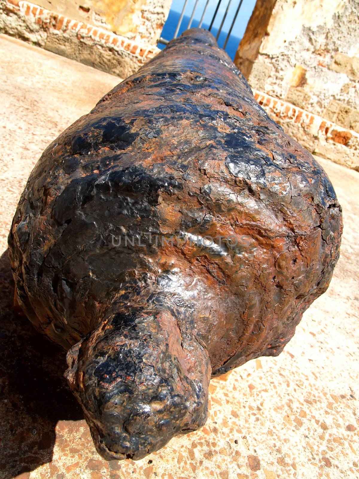 Dramatic view of an old cannon in Fort El Morrow.