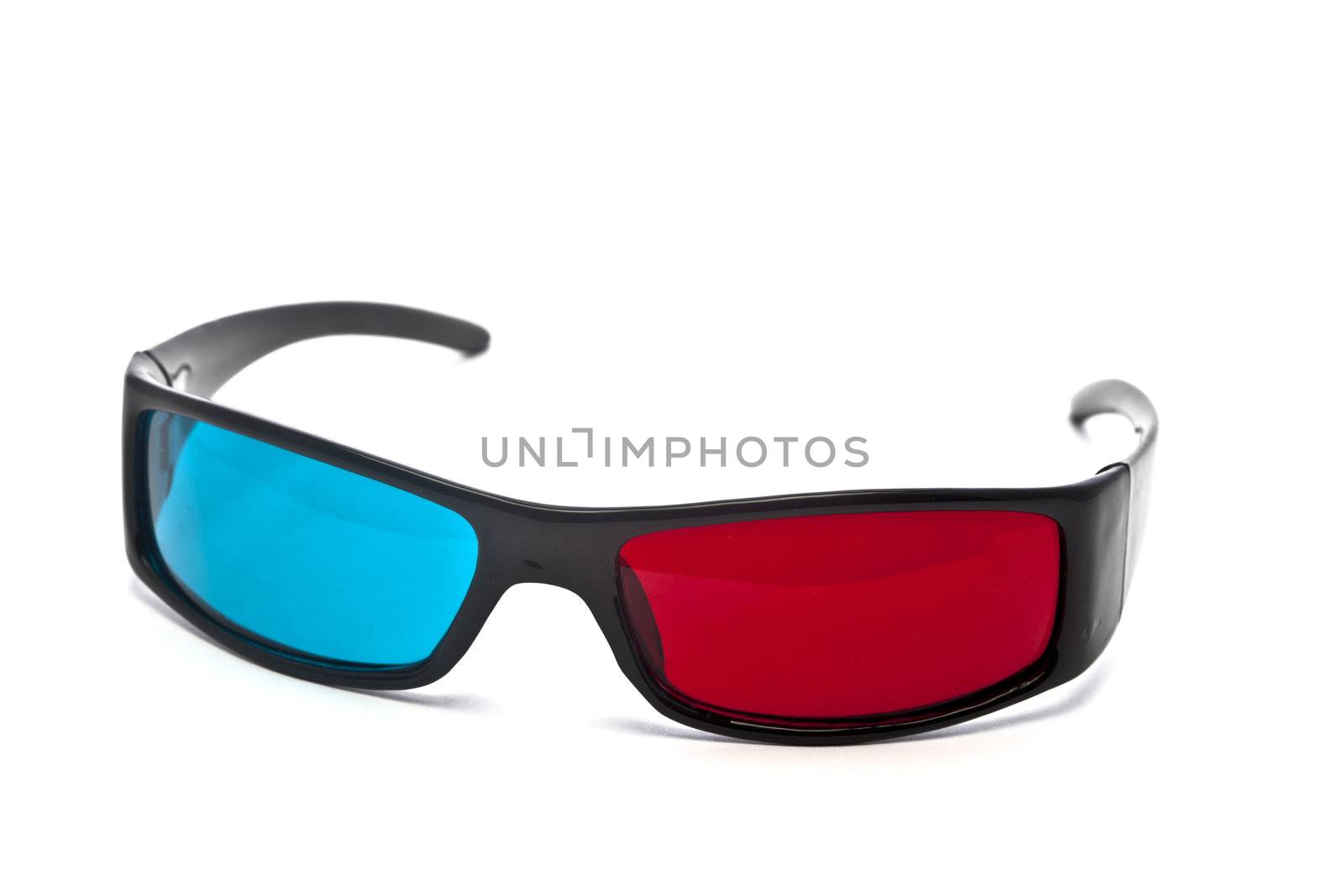 A pair of red-cyan anaglyph 3D glasses on a white background.