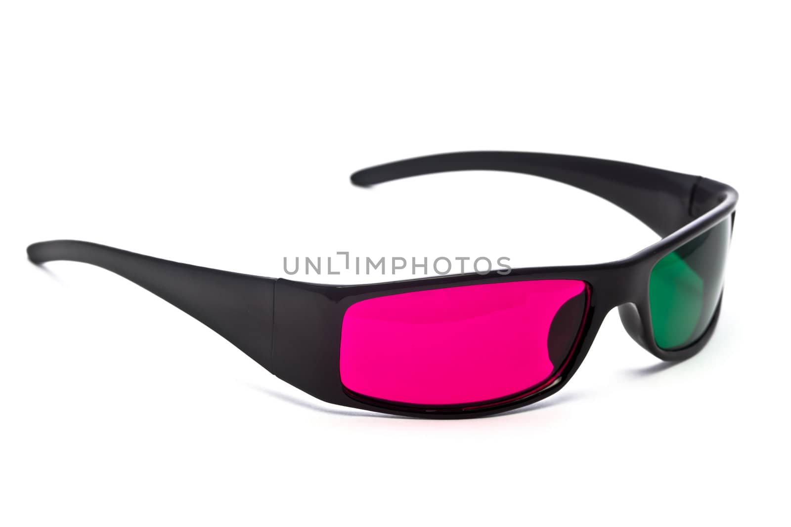 A pair of green-magenta anaglyph 3D glasses on a white background.