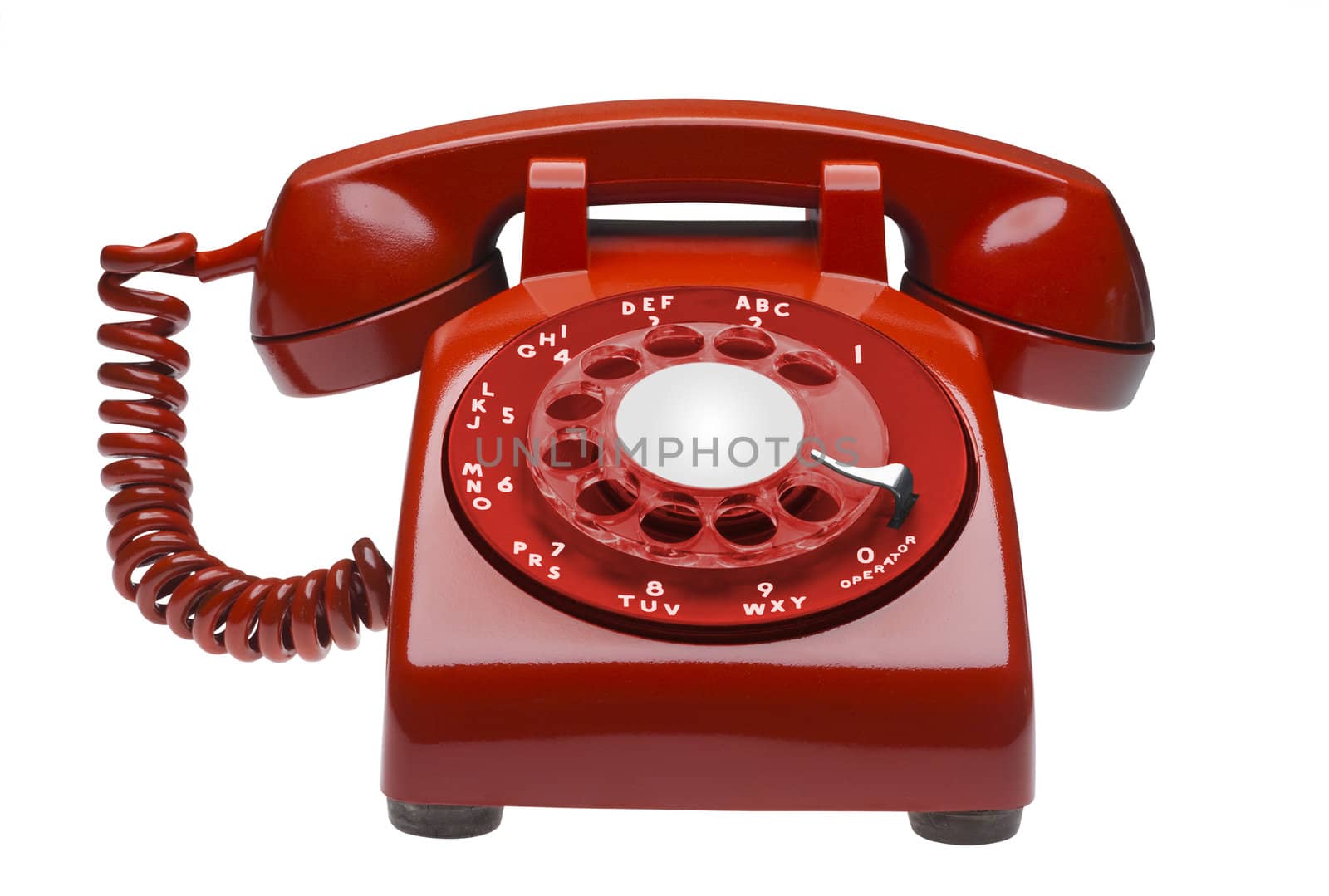 Red 60s rotary dial phone isolated with clipping path