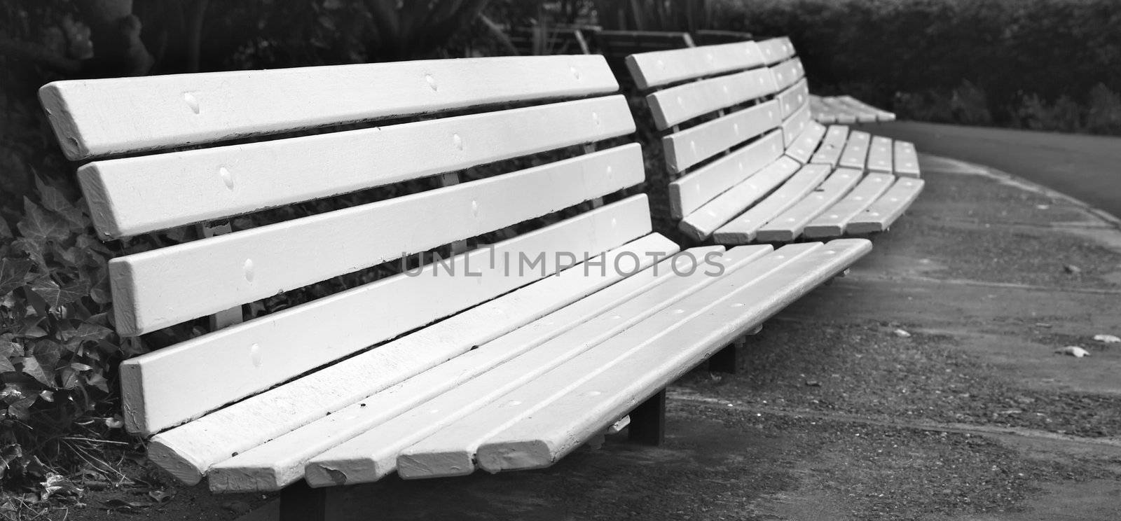 Long curved row of white park benches in B&W