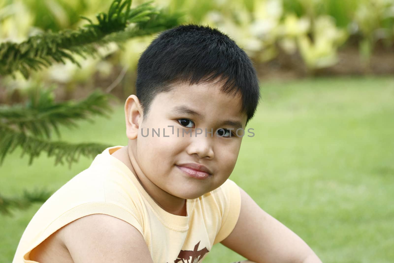 closeup of adorable asian boy outside environmental portraiture