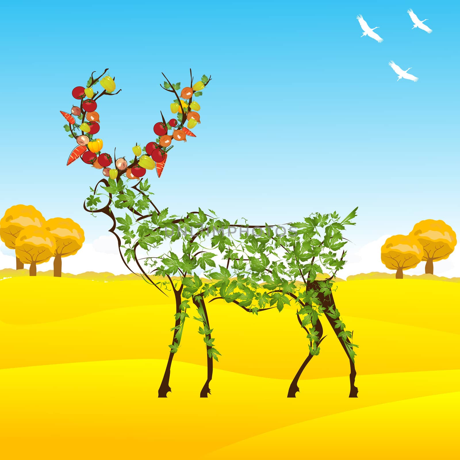 Conceptual autumn illustration with a stylized deer with leaves and vegetables between horns