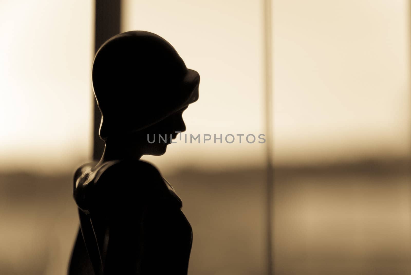 profile of old fashioned sepia woman in window