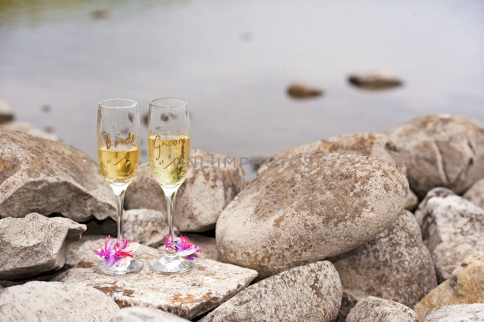 bride and groom wine glasses on rocky beach by paddythegolfer